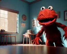 room scene with a big muppet monster, realistic photo, with toys, concept art, minimal style, smooth, unreal engine 5, god lights, ray tracing, RTX, lumen lighting, ultra detail, volumetric lighting, 3d.