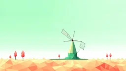 Un solitario molino tradicional sobre una colina infinita de tulipanes geométricos, cielo despejado y luz suave, reinterpretación minimalista de los Países Bajos, composición limpia, atmósfera poética y contemporánea.