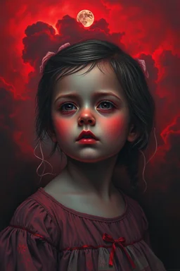 Bosch painting style nightmare, a baby girl portrait with, a red light reflecting .red background all are red cloudy stormy with thunder in the background with half moon.