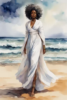 Create an urban culture watercolor painting of a beautiful thick black female wearing a soft white maxi dress and a white hair wrap. Prominent make up with lush lashes. Highly detailed tightly curly afro. Background of her walking in the sand by the ocean.