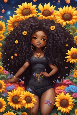 A sassy thick-lined oil painting cartoon black chibi girl lounging lazily on her side, surrounded by colorful flower petals. She is in the middle of the astrological Leo symbol with Prominent makeup. Highly detailed tightly curly black afro. Background of large yellow sunflowers surrounding her . Looking up coyly, she grins widely, showing sharp lion teeth. Her poofy hair forms a mane framing her confident, regal expression.