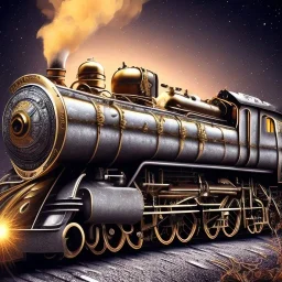  Steampunk locomotive train, ornate silver and gold engraved, white smoke billowing from the chimney as it passes through a narrow gap surrounded by tall trees. Stars fill the night sky.