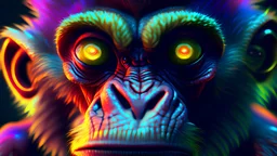 a colorful 3D monkey man, extremely detailed and bulging eyes, rendered in cinema4d, photorealistic eyes, tenebrous atmosphere, hybrid creature composition, close up, lens flares, desktop wallpaper format,