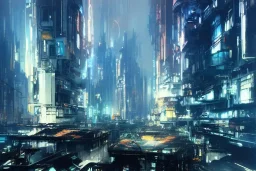 Art by John Berkey and John Harris and Craig Mullins, futuristic cyberpunk city, high rise, smooth, sharp focus, hyper detailed, digital painting, elegant, centered, buildings connected through platforms, japanese neon signs, volumetric lightning, brutalist architecture, 8k