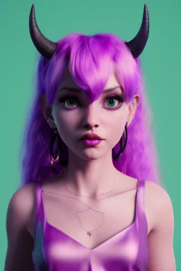 cute purple haired devil human girl with bright green eyes and black horns wearing purple/pink dress