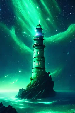 infinity malachite lighthouse on a glittering astral sea, spectacular fantasy landscape concept art,