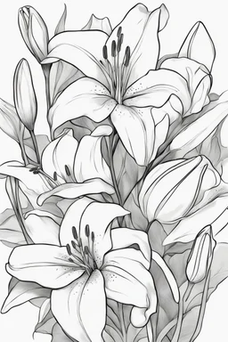 outline art for Lilies no colour , White background. sketch style, clean line art, white background, no shadow and clear