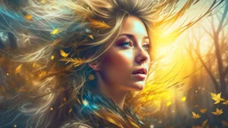 collage Portrait of a WOMAN made of magical objects, Loose hair continues in the form of branches, Double exposure, Nature, Gold and silver luminescent, fluffiness, Wind, multi-layered, Glow, Glare, Warm shades, Airiness, blending, textured, 3D, 8K, best quality, fine rendering, high detail, hyperrealism, high resolution, high definition, multi-layered, highest focus, hyper sharpness, hyperfocus,