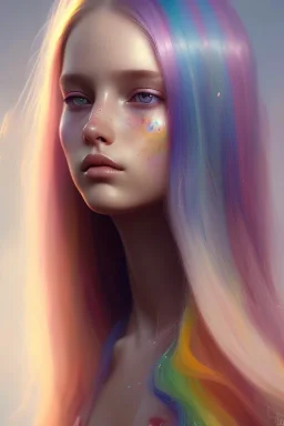 girl, cute, beautiful, long hair, rainbow hair, rainbow dress, close up portrait by Greg Rutkowski