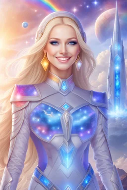 cosmic woman smile,beautiufos rainbow, admiral from the future, galactic confédération, fine whole face, crystalline skin, expressive blue eyes,rainbow, smiling lips, very nice smile, costume pleiadian, Beautiful tall woman pleiadian Galactic commander, ship, perfect datailed golden galactic suit, high rank, long blond hair, hand whit five perfect detailed finger, amazing big blue eyes, smilling mouth, high drfinition lips, cosmic happiness, bright colors, blue, pink, gold, jewels, realist,