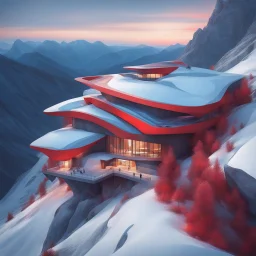 Aerial view Zaha Hadid style mountain hut, digital art, hyper-detailed, red and blue colors, 8k oil painting