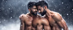 Hyper realistic shirtless muscular shahid kapoor hugging Justin timberlake at snowfall night