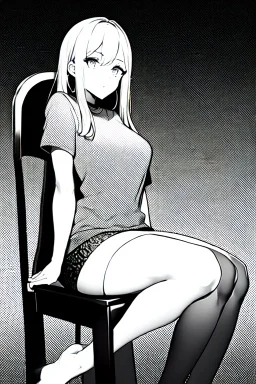 blonde girl speaks sitting on a chair, grayscale