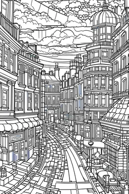 Create a coloring book page of cityscapes, full ,coloring book page ,simple and clean art , , sharp line, cartoon style ,white background no color