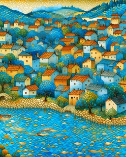 A blue Japanese village near a watery springs designed in ancient Roman mosaics painted by Georges Seurat