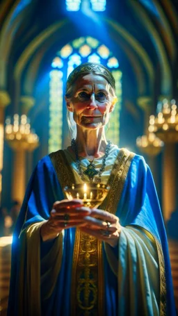 portrait of female pale elongated priest with bright aura carrying goblet signaling you to obey your master, inside hall in mountain, shot on Hasselblad h6d-400c, zeiss prime lens, bokeh like f/0.8, tilt-shift lens 8k, high detail, smooth render, down-light, unreal engine, prize winning