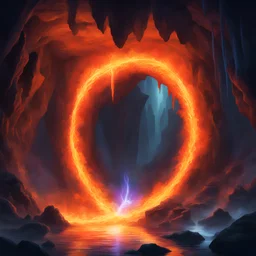 Fiery magical portal to the underdark, floating in a cave