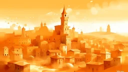 A light rosy orange colored city with a tower designed in Lascaux cave paintings painted by Alejandro Xul Solar