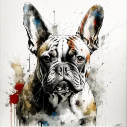A minimalist portrait of a French bulldog by Ryan Hewett , willem haenraets, watercolor, wet on wet and splattering techniques, centered, perfect composition, abstraction, surrealism
