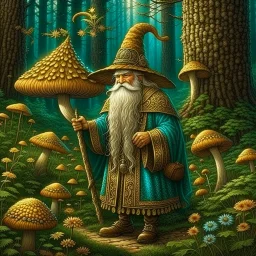 Wizard, painted, digital painting, 24k, high resolution, highly detailed, cozy, forest with leafs, mushrooms and flowers, smooth, art by JOHN STEPHENS