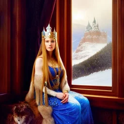 portrait beautiful face viking queen,sitting throne,window,braids,busty,,snow,castle,mountains,ancient leather armor, balanciaga fashion clothe painting by gaston bussiere, greg rutkowski, yoji shinkawa, yoshitaka amano, tsutomu nihei, donato giancola, tim hildebrandt, oil on canvas, cinematic composition, extreme detail,fit full head inside picture,16k