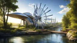 4125. Innovative environmentally-friendly home, wind turbines, solar panels, water wheel in river, alternative energy, scientific experiment, home of the future, fantasy, robotic, automated, spectacular, futuristic, beautiful lighting, attractive composition, photorealistic, extremely detailed, chiaroscuro