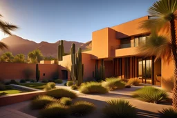 A 2 floor nursing home immersed in a botanical garden, luis barragan style, in an urban area, mountain and desert - like environment, architectural photography, golden hour