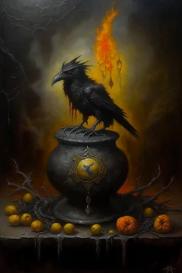 Living cauldron with yellow sigil, slightly demonic golem crow lizard in it, prize winning oil painting