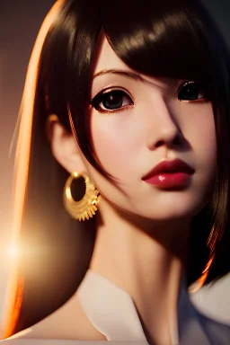 Young anime business woman, dark orange eyes, dark brown hair, elegant hair, thin lips, gold hoop earrings, waist up portrait, 8k resolution, intricate details, ornate details, soft lighting, vibrant colors, retroanime, masterpiece, realistic, intricate eyeliner, dark eyeshadow, eyes,futuristic cityscape background