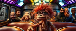 fascist dynasty soap opera, entire cast, movie poster, with posters in it, close up portrait of hairy fluffy polymer clay cute female happy worried monster with realistic human colored and textured skin, and long sleek limbs and with studio lights, on a luxury ornate neon buss, talking to his aunt