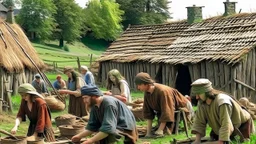 young and old people working in the field near medieval barns