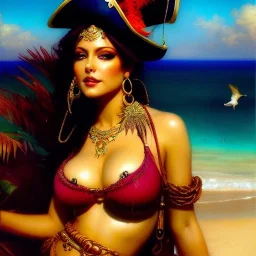 Drawing of beautiful face busty pirate woman,sweet stare,tropical beach,treasure map, parrot pet,ancient leather armor, balanciaga fashion clothe painting by gaston bussiere, greg rutkowski, yoji shinkawa, yoshitaka amano, tsutomu nihei, donato giancola, tim hildebrandt, oil on canvas, cinematic composition, extreme detail,fit full head inside picture,16k