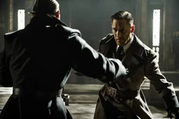 Action shot of Tom Hardy as Father Alexander Anderson from the live action "Hellsing" movie based on the anime of the same name. He is fighting Alucard (played by Tom Hiddleston).