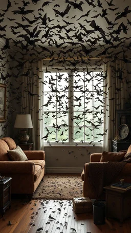 A room with furniture full of thousands of bats everywhere few on a the walls , ceiling, on the couches and furniture coming all from broken glass of the window