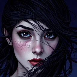 digital fantastical photography, Joe Fenton detailed illustrative style, woman with dark hair being dramatically blown across her freckled face with eyes that are completely black; black and purple and midnight blue color palette, liminal oncology