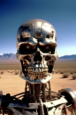 An image of the T-800 head on the desert from the movie terminator