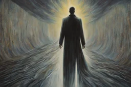 painting depicting a male figure emerging from darkness, abyss, emerging from darkness, underworld, past, fears, doubts and troubles remain in the background, emerges from the matrix and stands on the bright side.