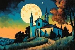 create a wildly abstract illustration of a highly detailed old Italian village church surrounded by Lombardy poplar trees, in the hills of Tuscany under a harvest moon at midnight , in the comic book art style of Bill Sienkiewicz, and Jean Giraud Moebius, finely textured, drawn, colored, and inked