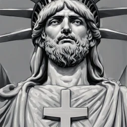 line toned, hedcut, wsj style, statue of Jesus of Liberty with a beard and wearing a cross and hanging from a cross, The statue male, hyperdetailed intricately detailed photoillustration ink drawing dystopian 8k resolution entire body of the statue is in the picture. digital illustration telephoto lens photography , same colors as the us treasury's one dollar bill, crucified"