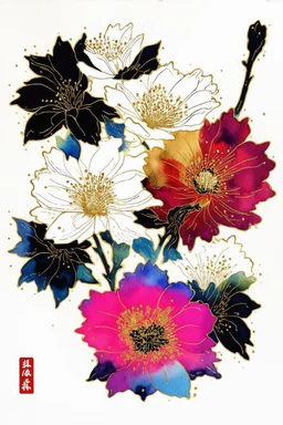 A mesmerizing watercolor masterpiece that redefines floral art, showcasing a harmonious blend of vibrant colors. Each blossom is accentuated with a thin black or white ink outline, creating a formal linear design. The artist's vision shines through of the design meticulously drawn in gold ink and embellished with glitter, adding an element of opulence to the piece. Influenced by Ukiyo-e and presented in a poster-like format, this captivating work of art is both mysterious and enchanting, transpo