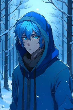 Anime Junge mit seitenscheitel und blauen Haaren und ein paar Bartstoppel und braune Augen in einem verschneiten Wald mit schwarzen Kapuzenpulli