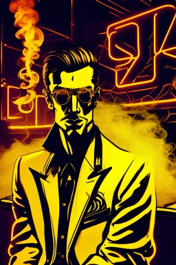 ((A cartoon character of a man)) ((Dresses like a mafia)) (((Sitting in a nightclub)) ((((There is a neon weed logo in the background, outlined on the outside in a golden color with an energy glow )))There is a lot of smoke