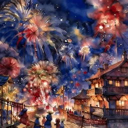 [watercolor | illustration] new year celebration, (colorful:1.2), night, (fireworks:1.2), intricate details, by greg rutkowski, trending on artstation