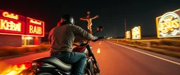 The kebab man driving fast on his motorcycle, fire from the exhaust, widescreen picture, empty road on the country at night, comic style, no helmet and he have a long black beard, neon kebab signs along the road, jesus at his cross