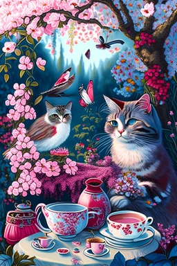 Boho cat in flowers garden having tea with cherry bird in sulight