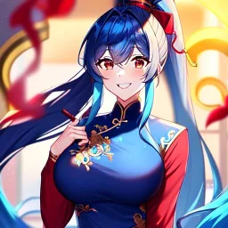 Clear focus, 8k, high quality, detailed, beautiful lighting, girl, vibrant colors, blue long hair, vibrant red eye, vibrant golden eye, chinese clothes, ponytail, laughing