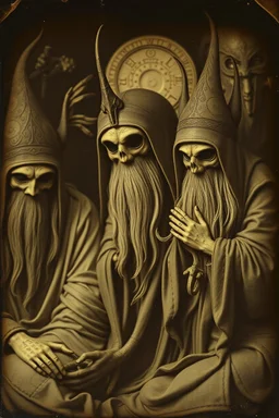 Daguerrotype close up some hieratic mysterious figures, odd background, Hieronymus Bosch, ambient light, by Minicavio Quollati and Marlost Endgulp, Amano, Botticelli, Alphonse Mucha, Max Ernst