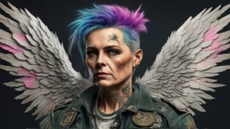 beautiful Punk, Angel 45 years old, wings, portrait, military clothes, old torn canvas, mystical, bright colors, creative hairstyle, fine rendering, high detail, 8K
