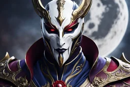 Jhin in 8k live action artstyle, bloody moon mask, close picture, intricate details, highly detailed, high details, detailed portrait, masterpiece,ultra detailed, ultra quality