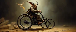master oil painting by Rembrandt, magic trike man with vertical front wheel, and horisontal back wheels, gremlin brown, final battle forgotten realms